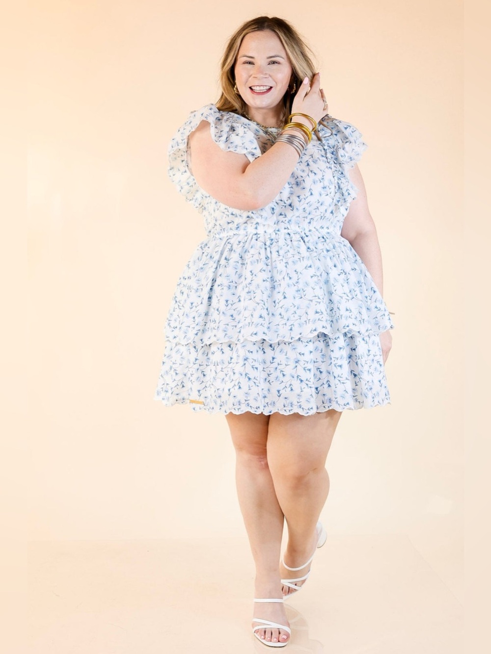 Simply Southern Blue & White Floral Tier Dress with Ruffle Cap Sleeves